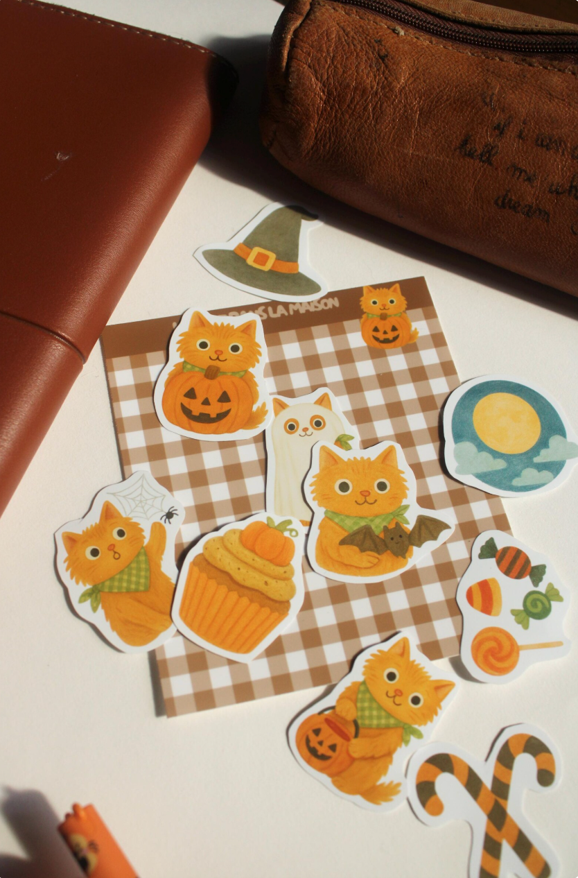 Stickers halloween journaling - "L'halloween du chat roux" - stickers chat roux & halloween – Pack de 10 stickers - idée cadeau chat roux