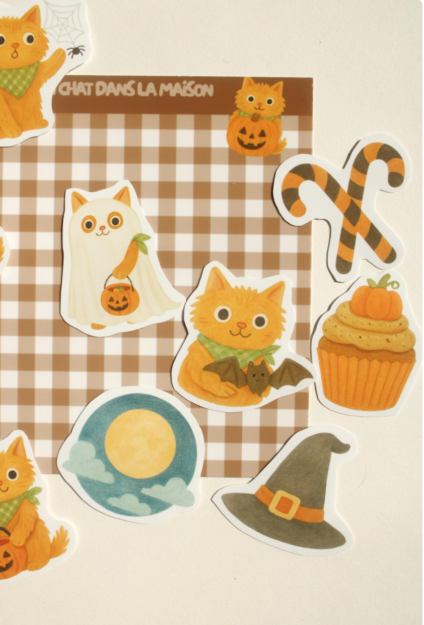 Stickers halloween journaling - "L'halloween du chat roux" - stickers chat roux & halloween – Pack de 10 stickers - idée cadeau chat roux