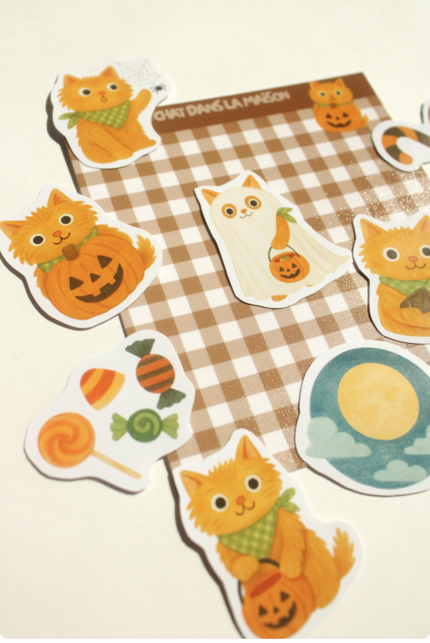 Stickers halloween journaling - "L'halloween du chat roux" - stickers chat roux & halloween – Pack de 10 stickers - idée cadeau chat roux