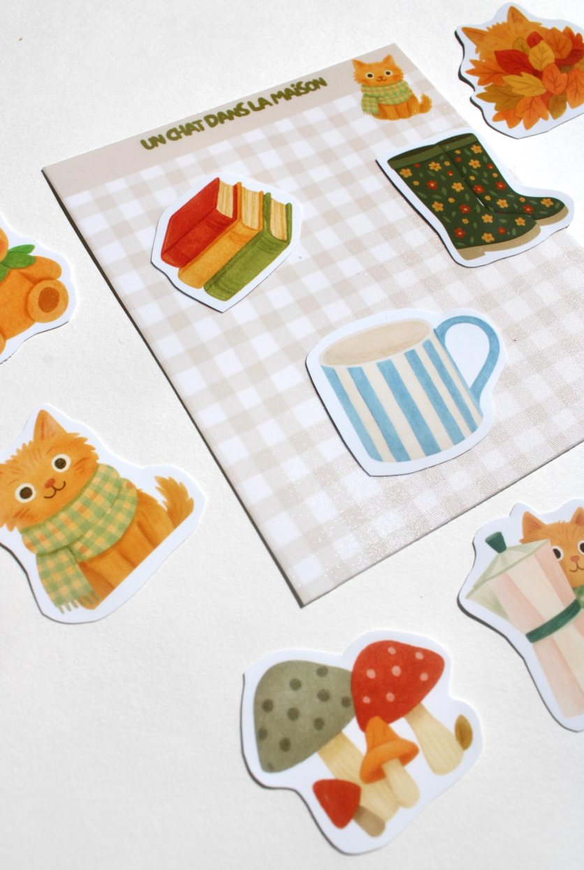 Stickers automne journaling - "L'automne du chat roux" - stickers chat roux & automne – Pack de 10 stickers vinyle - idée cadeau chat roux