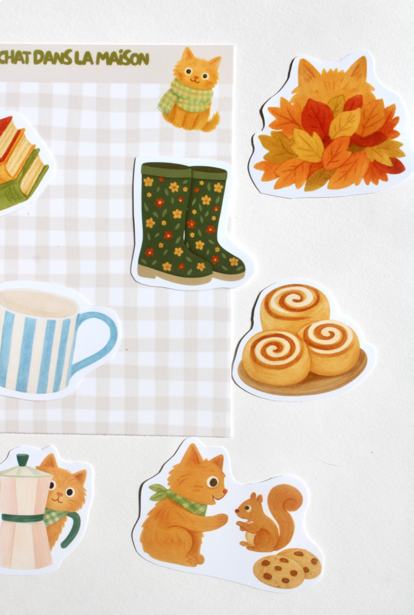 Stickers automne journaling - "L'automne du chat roux" - stickers chat roux & automne – Pack de 10 stickers vinyle - idée cadeau chat roux