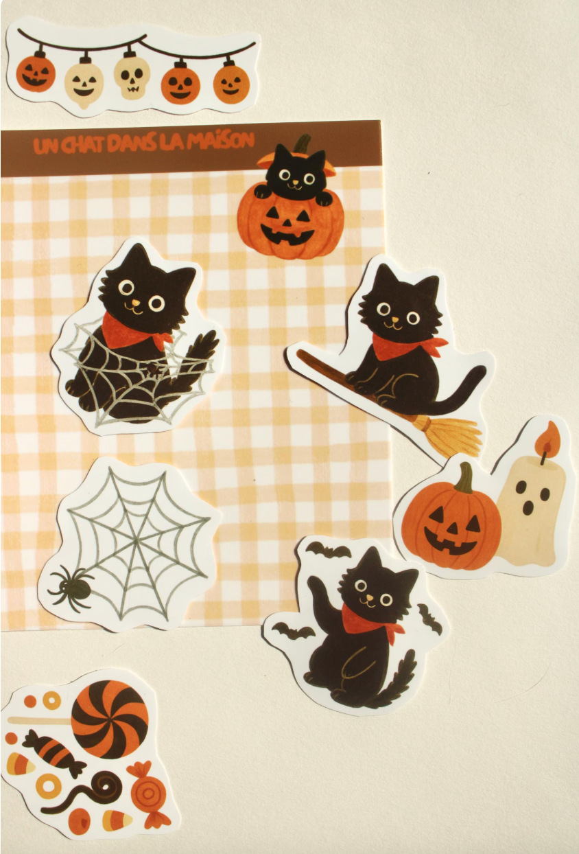 Stickers halloween journaling - "L'Halloween du chat noir" - stickers chat noir & halloween – Pack de 10 stickers - idée cadeau chat noir