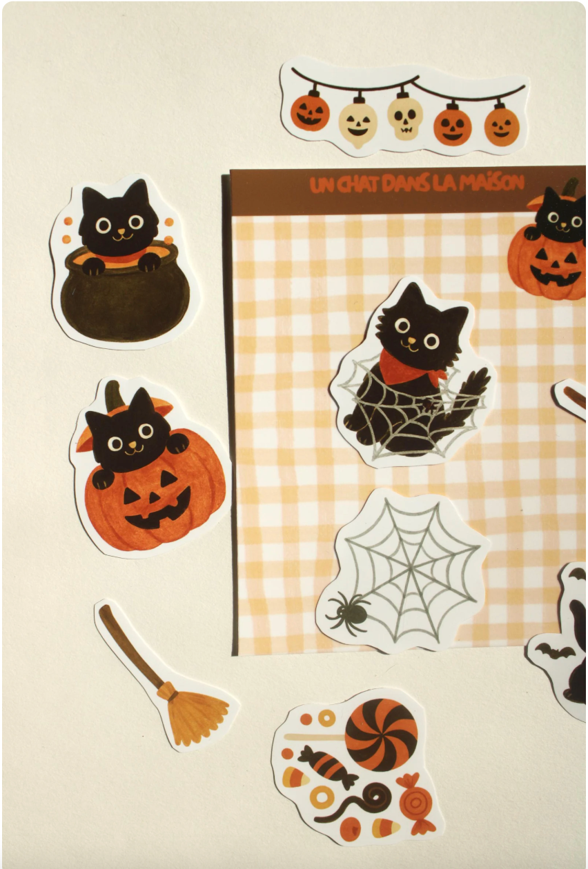 Stickers halloween journaling - "L'Halloween du chat noir" - stickers chat noir & halloween – Pack de 10 stickers - idée cadeau chat noir