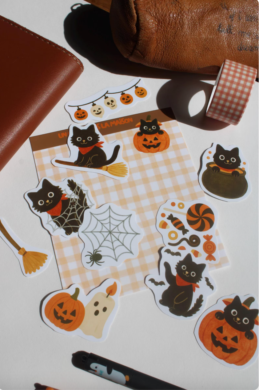 Stickers halloween journaling - "L'Halloween du chat noir" - stickers chat noir & halloween – Pack de 10 stickers - idée cadeau chat noir