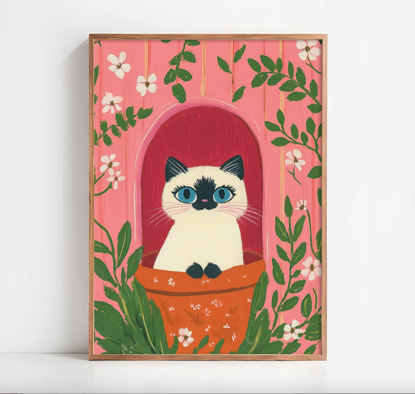 affiche chat siamois – illustration chat siamois dans un pot fleuri, déco murale rose cottagecore, art mural - papier premium