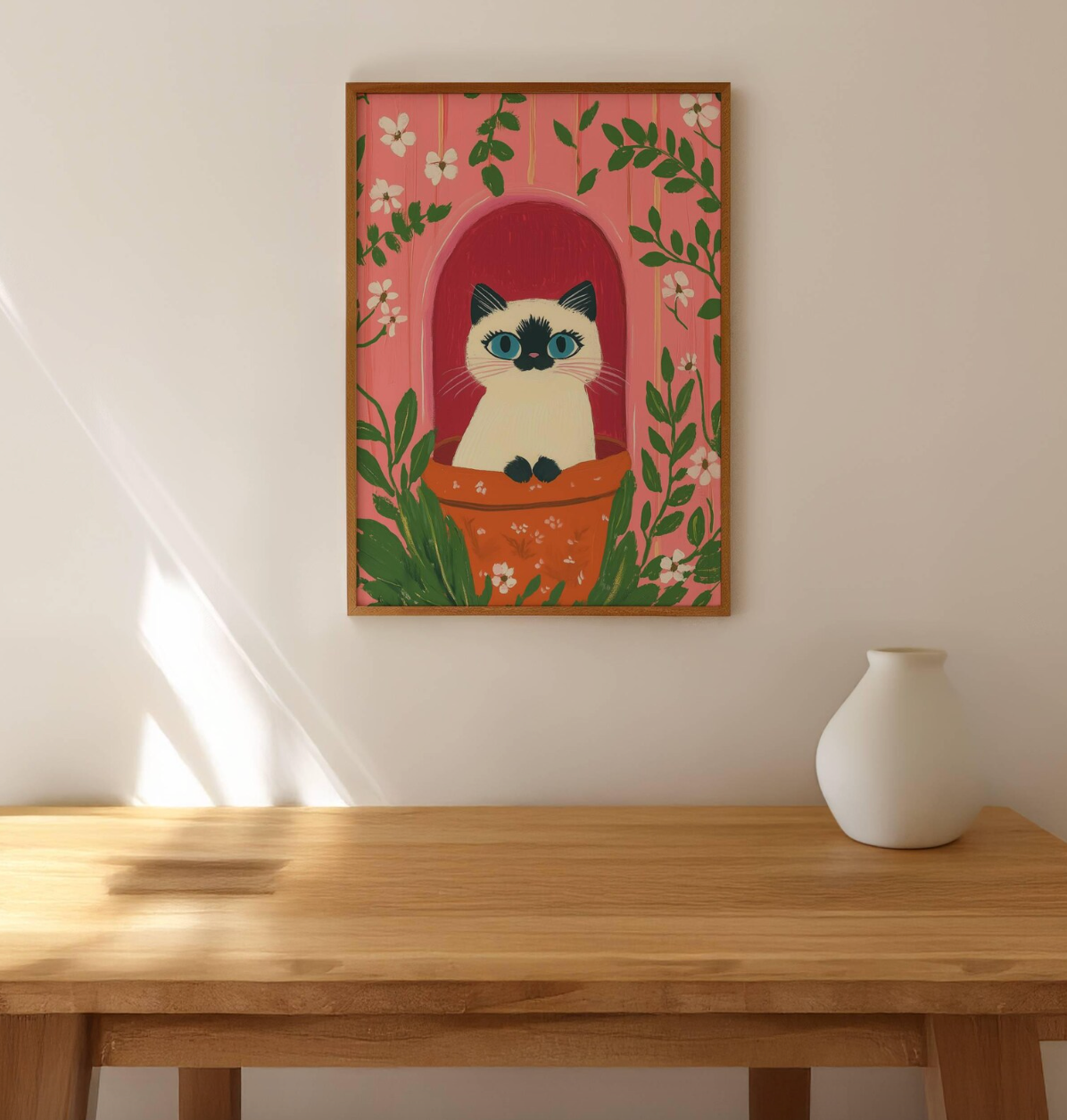affiche chat siamois – illustration chat siamois dans un pot fleuri, déco murale rose cottagecore, art mural - papier premium
