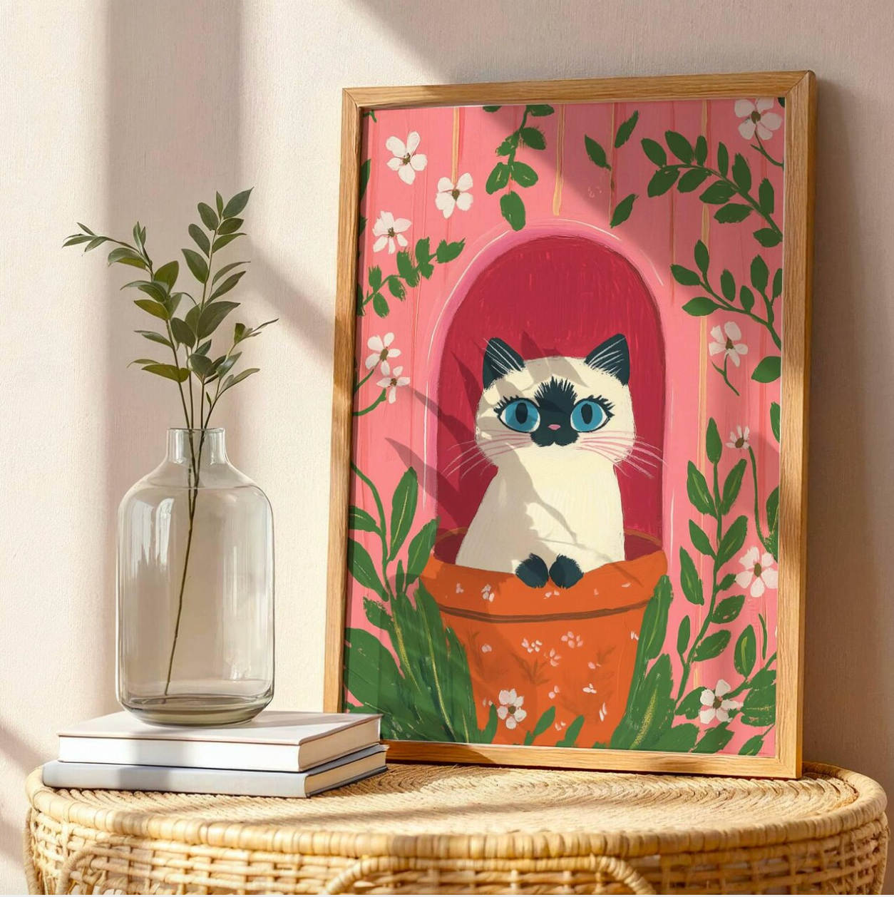 affiche chat siamois – illustration chat siamois dans un pot fleuri, déco murale rose cottagecore, art mural - papier premium