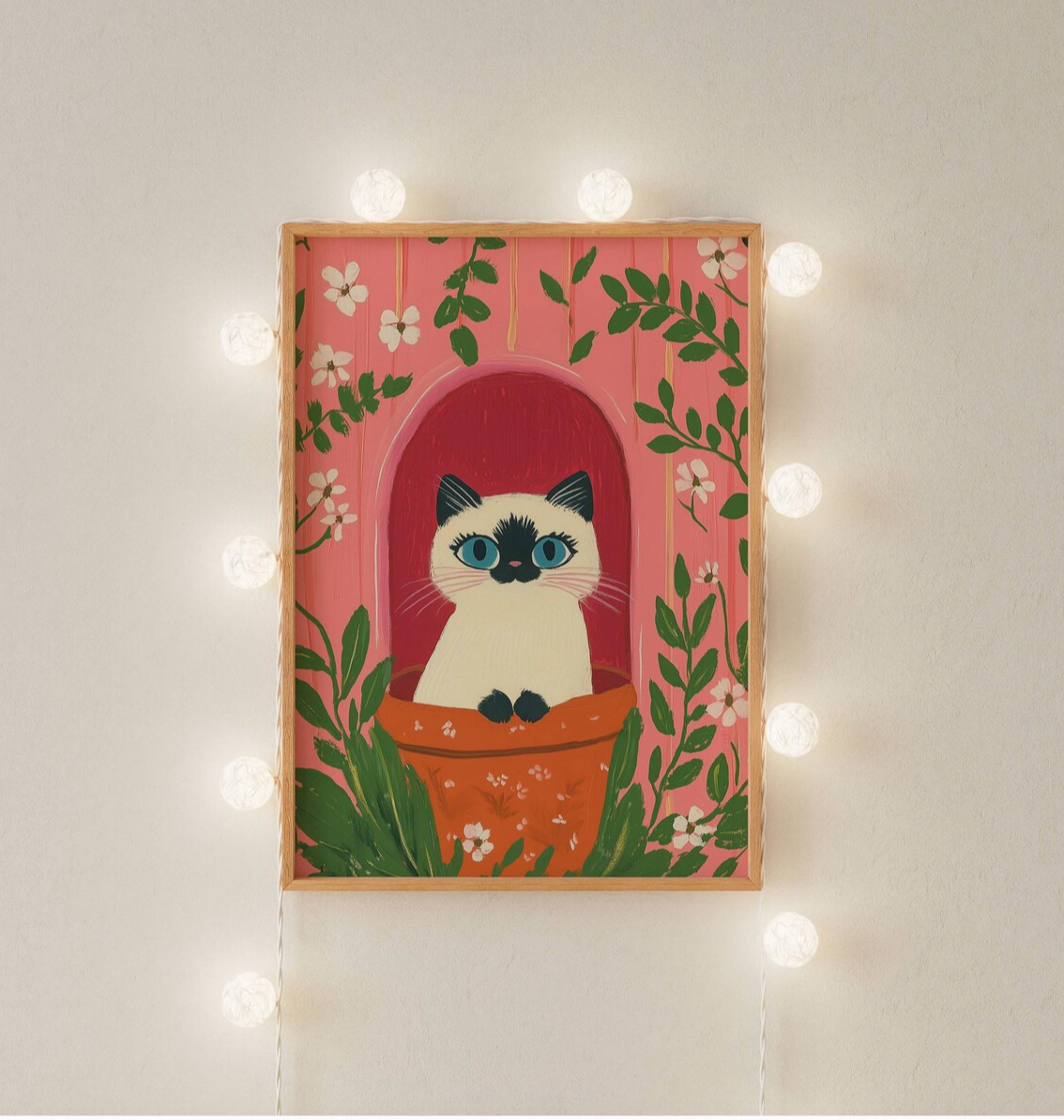 affiche chat siamois – illustration chat siamois dans un pot fleuri, déco murale rose cottagecore, art mural - papier premium