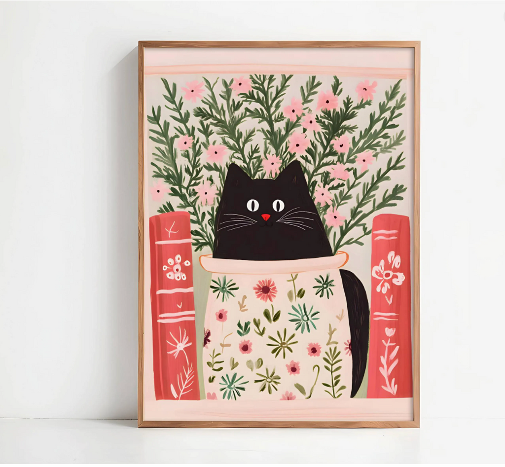 Affiche chat noir livres et bibliothèque – Art mural poétique félin – Poster cottagecore, idée déco chambre ,salon, cadeau amoureux chats