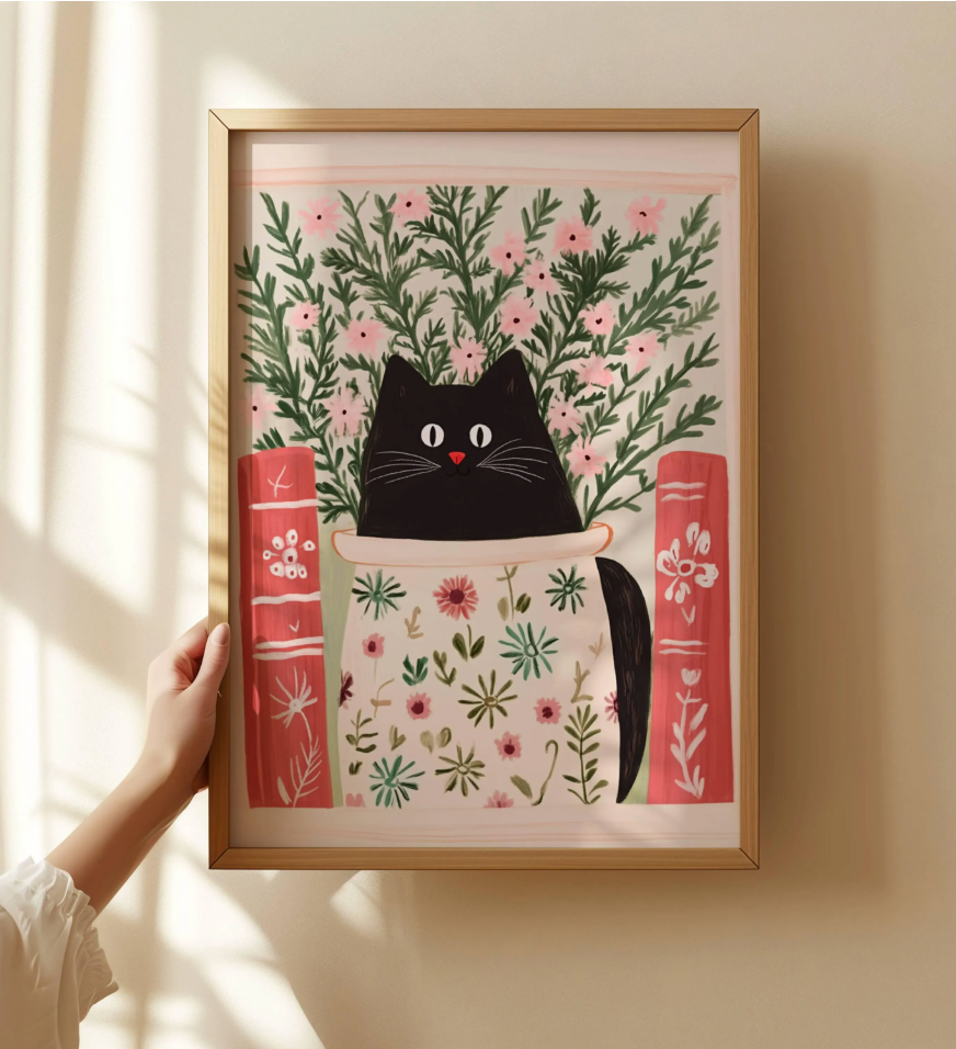 Affiche chat noir livres et bibliothèque – Art mural poétique félin – Poster cottagecore, idée déco chambre ,salon, cadeau amoureux chats