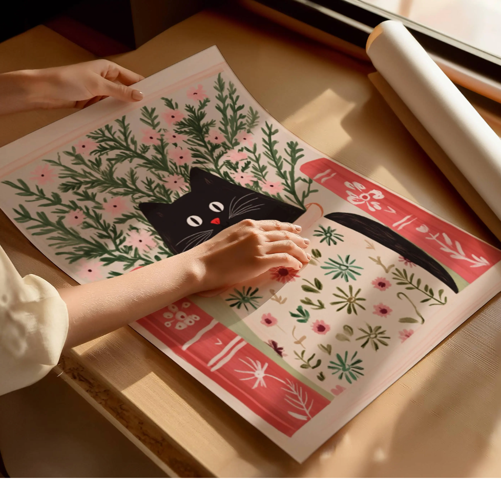Affiche chat noir livres et bibliothèque – Art mural poétique félin – Poster cottagecore, idée déco chambre ,salon, cadeau amoureux chats