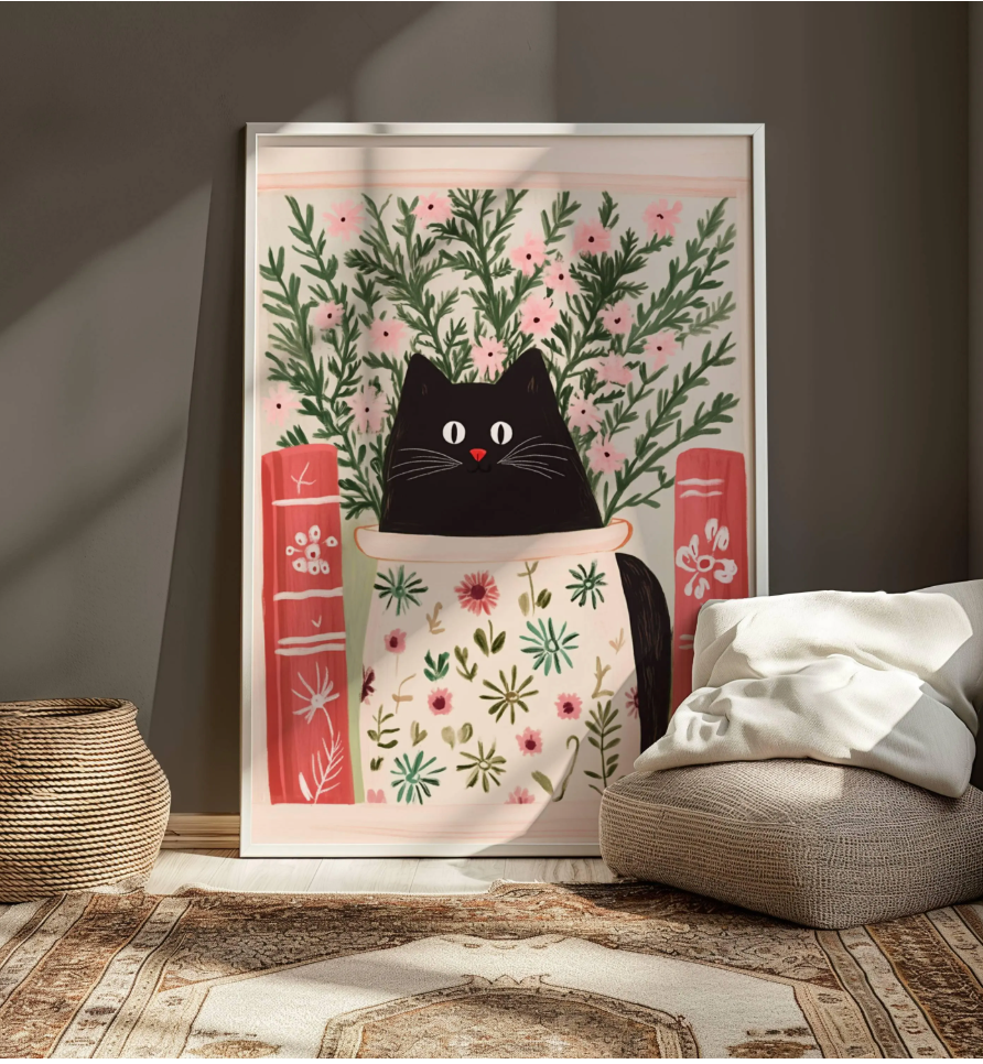 Affiche chat noir livres et bibliothèque – Art mural poétique félin – Poster cottagecore, idée déco chambre ,salon, cadeau amoureux chats
