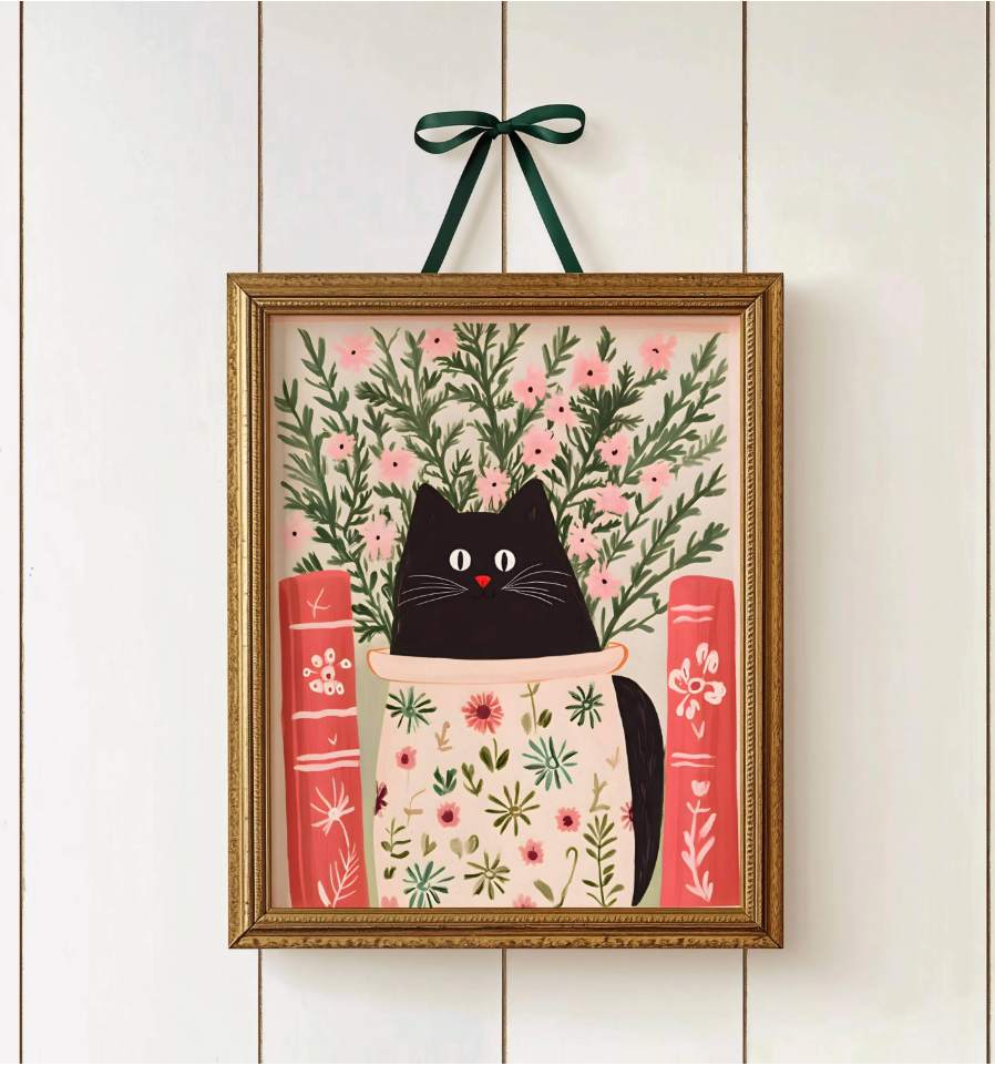 Affiche chat noir livres et bibliothèque – Art mural poétique félin – Poster cottagecore, idée déco chambre ,salon, cadeau amoureux chats