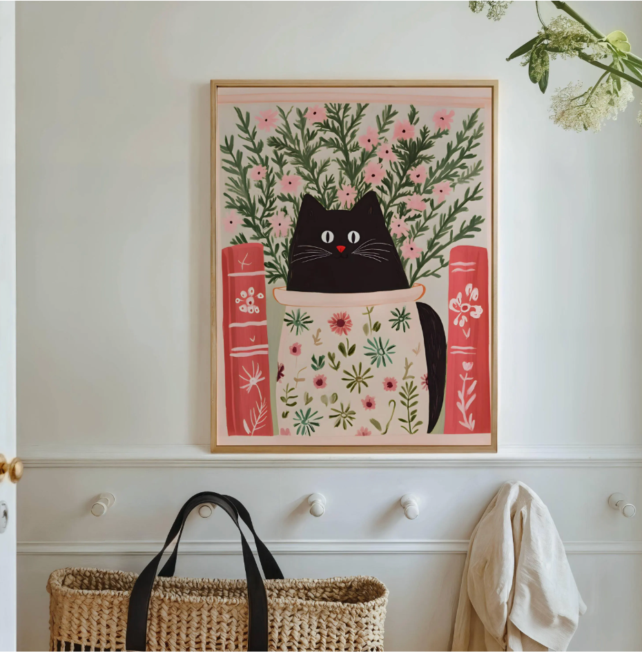 Affiche chat noir livres et bibliothèque – Art mural poétique félin – Poster cottagecore, idée déco chambre ,salon, cadeau amoureux chats