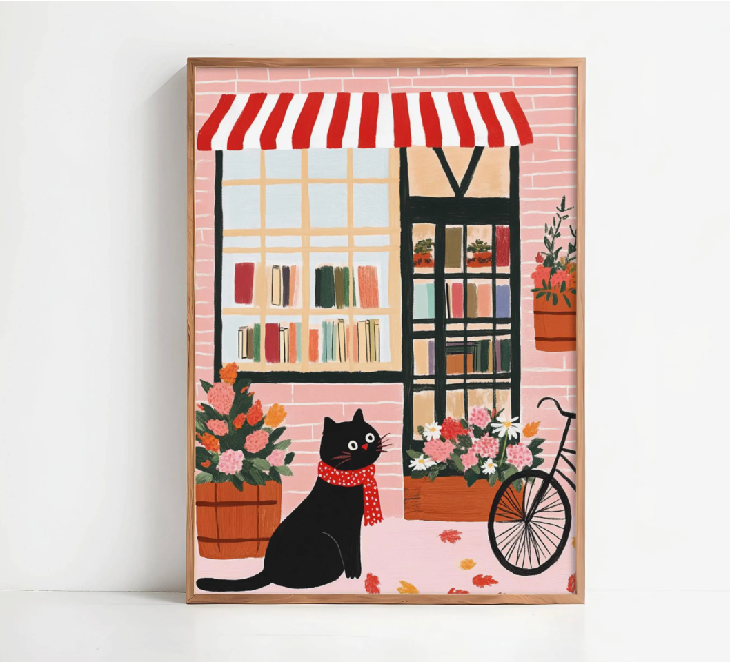 Affiche chat noir librairie Brooklyn – Art mural vintage poétique – Poster cottagecore chambre salon, cadeau amoureux chats - idée noel