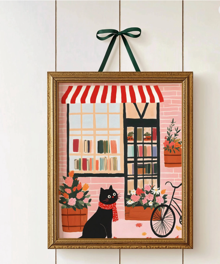 Affiche chat noir librairie Brooklyn – Art mural vintage poétique – Poster cottagecore chambre salon, cadeau amoureux chats - idée noel