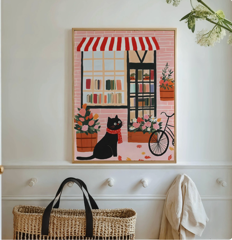 Affiche chat noir librairie Brooklyn – Art mural vintage poétique – Poster cottagecore chambre salon, cadeau amoureux chats - idée noel