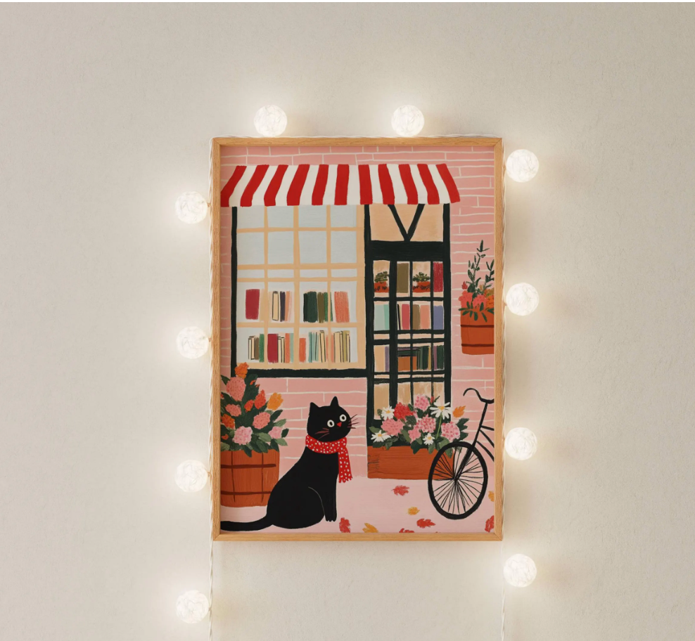 Affiche chat noir librairie Brooklyn – Art mural vintage poétique – Poster cottagecore chambre salon, cadeau amoureux chats - idée noel