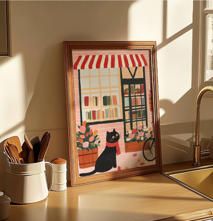 Affiche chat noir librairie Brooklyn – Art mural vintage poétique – Poster cottagecore chambre salon, cadeau amoureux chats - idée noel