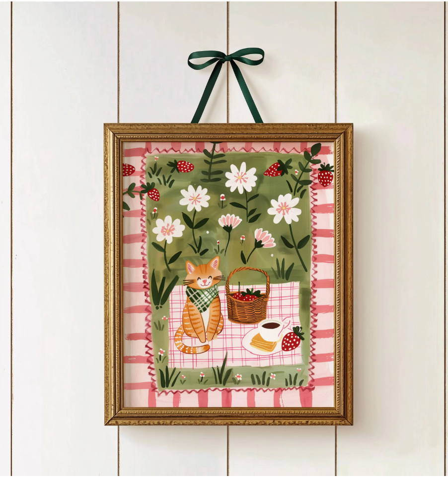 Affiche chat roux – Illustration pique-nique au jardin – déco murale cuisine ou chambre – art mural poétique printanier - Papier premium