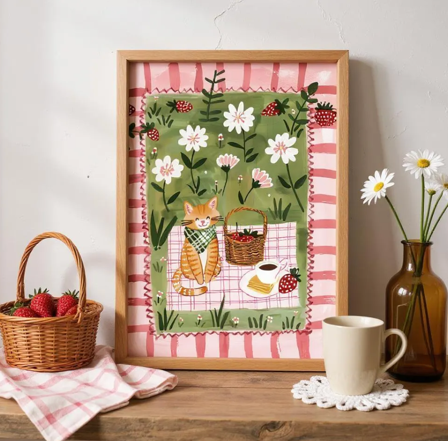 Affiche chat roux – Illustration pique-nique au jardin – déco murale cuisine ou chambre – art mural poétique printanier - Papier premium