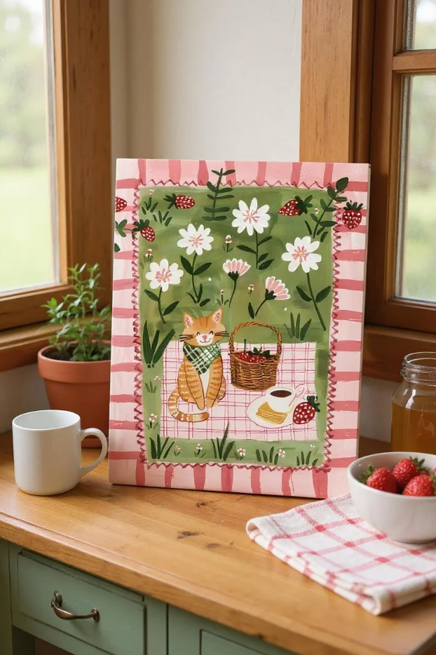 Affiche chat roux – Illustration pique-nique au jardin – déco murale cuisine ou chambre – art mural poétique printanier - Papier premium