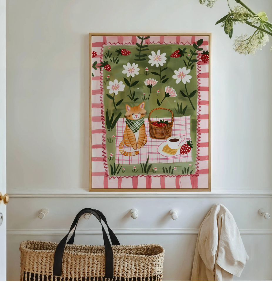 Affiche chat roux – Illustration pique-nique au jardin – déco murale cuisine ou chambre – art mural poétique printanier - Papier premium