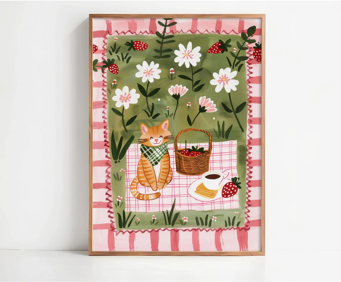 Affiche chat roux – Illustration pique-nique au jardin – déco murale cuisine ou chambre – art mural poétique printanier - Papier premium