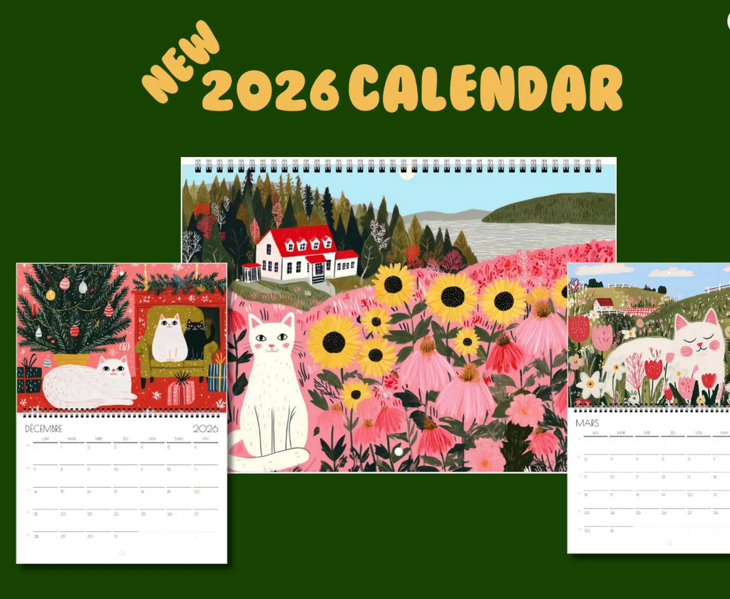 Calendrier 2026 - Calendrier amoureux des chats 2026 "Le manège des chats" - décoration murale  - style cottagecore idée cadeau