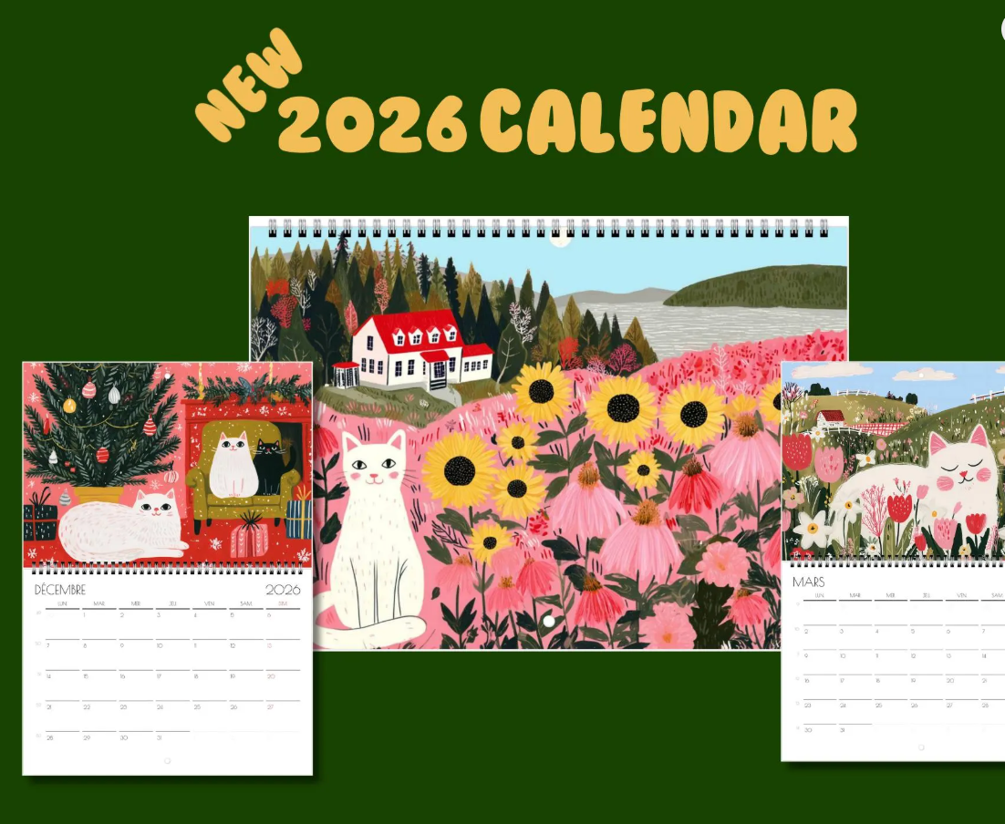 Calendrier 2026 - Calendrier amoureux des chats 2026 "Le manège des chats" - décoration murale  - style cottagecore idée cadeau