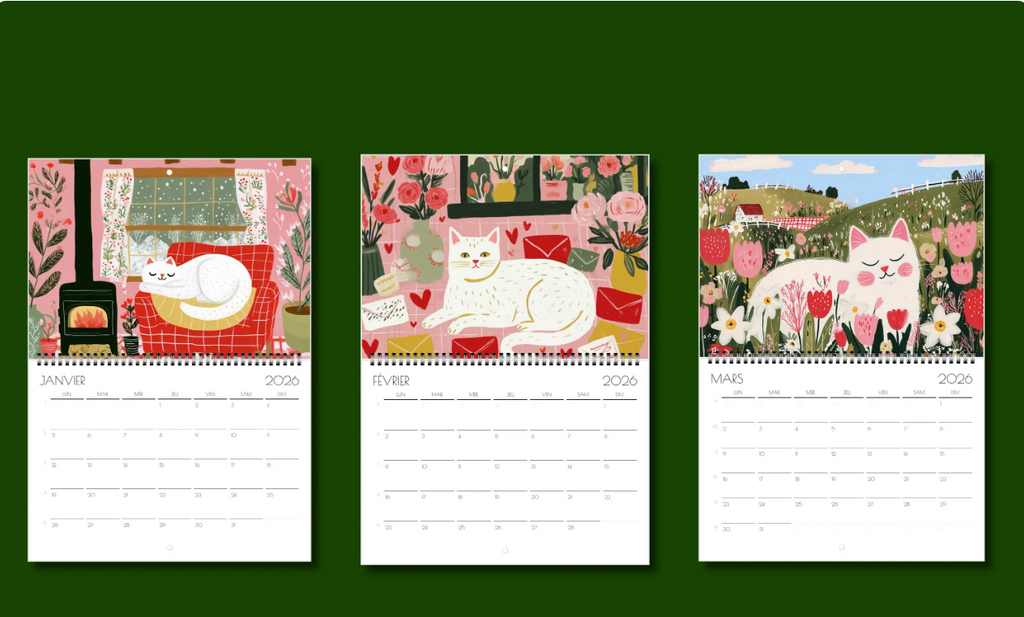 Calendrier 2026 - Calendrier amoureux des chats 2026 "Le manège des chats" - décoration murale  - style cottagecore idée cadeau
