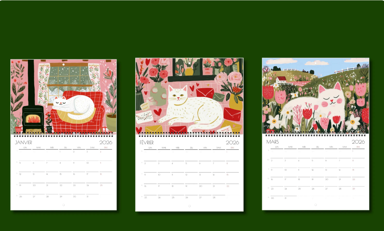 Calendrier 2026 - Calendrier amoureux des chats 2026 "Le manège des chats" - décoration murale  - style cottagecore idée cadeau
