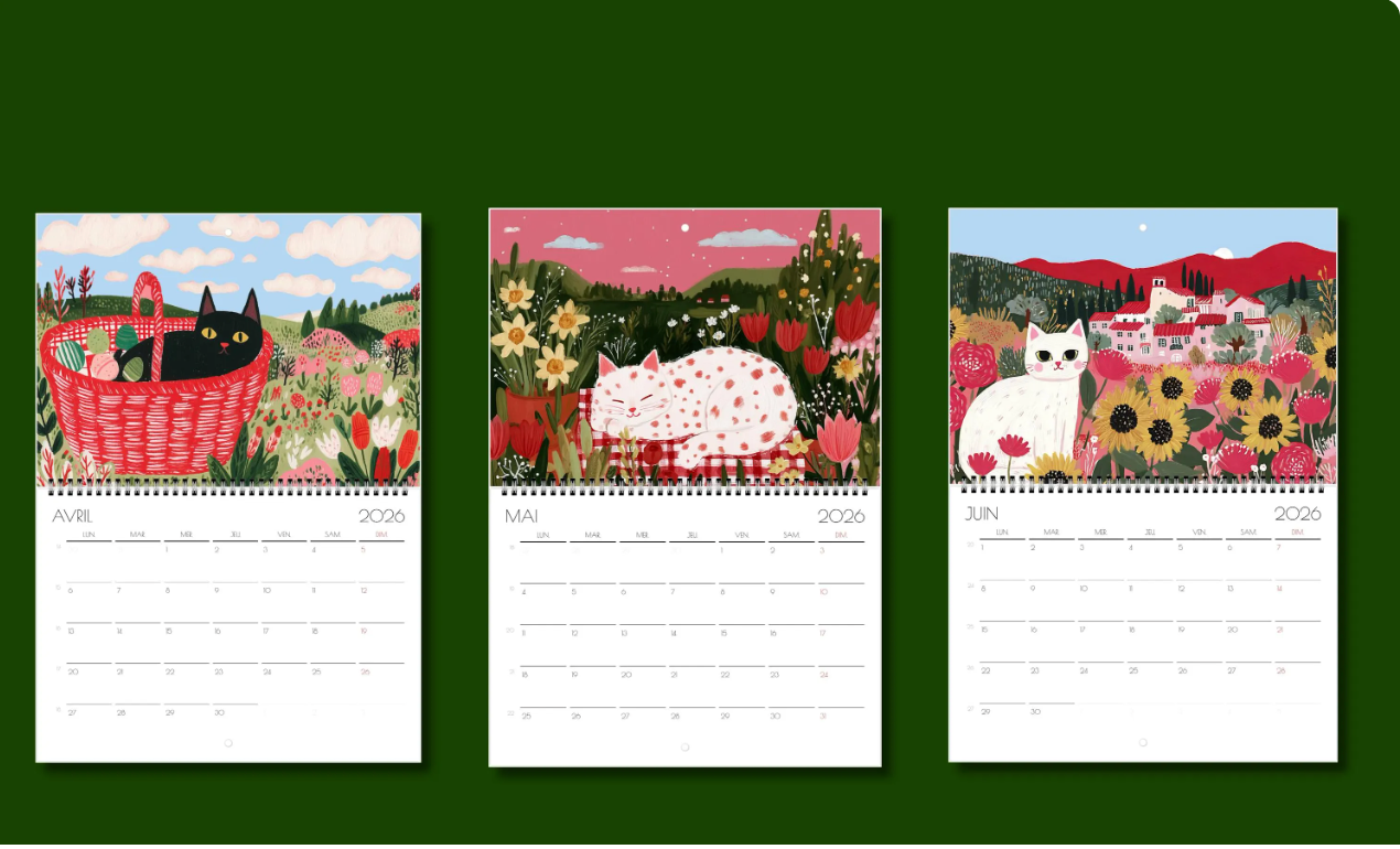 Calendrier 2026 - Calendrier amoureux des chats 2026 "Le manège des chats" - décoration murale  - style cottagecore idée cadeau