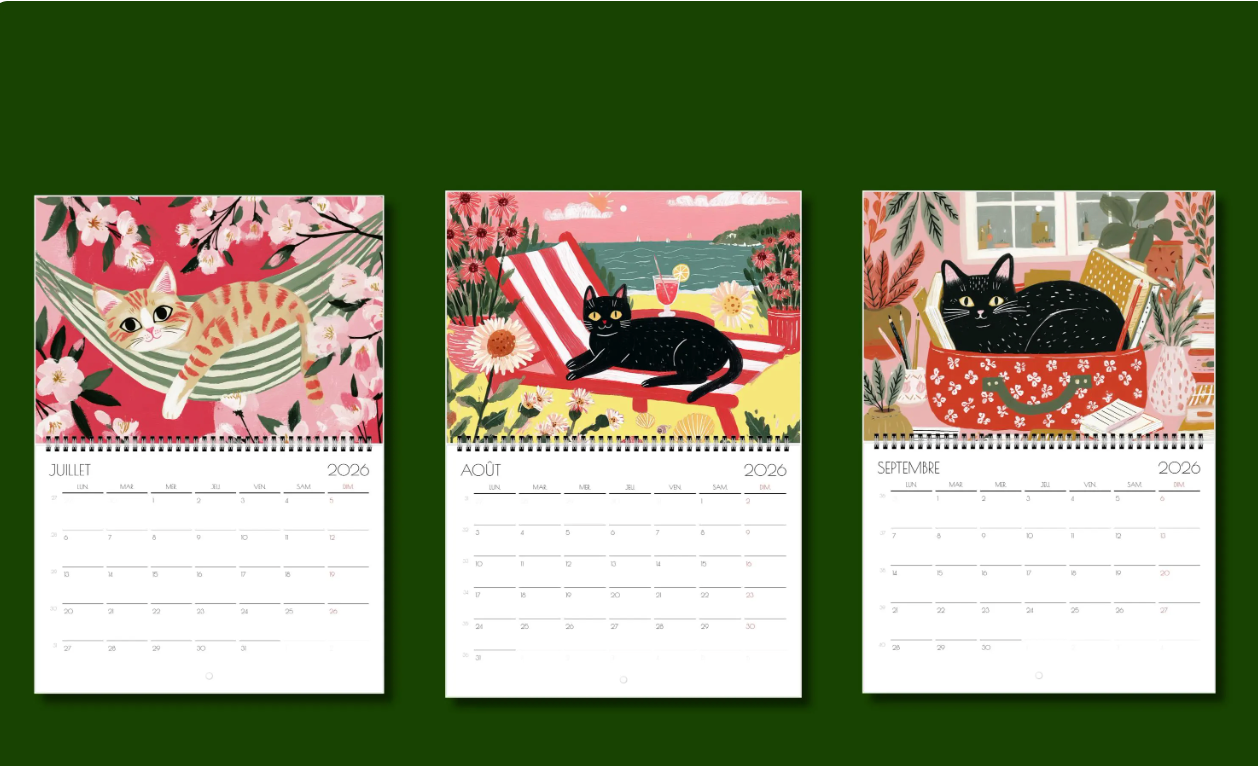 Calendrier 2026 - Calendrier amoureux des chats 2026 "Le manège des chats" - décoration murale  - style cottagecore idée cadeau