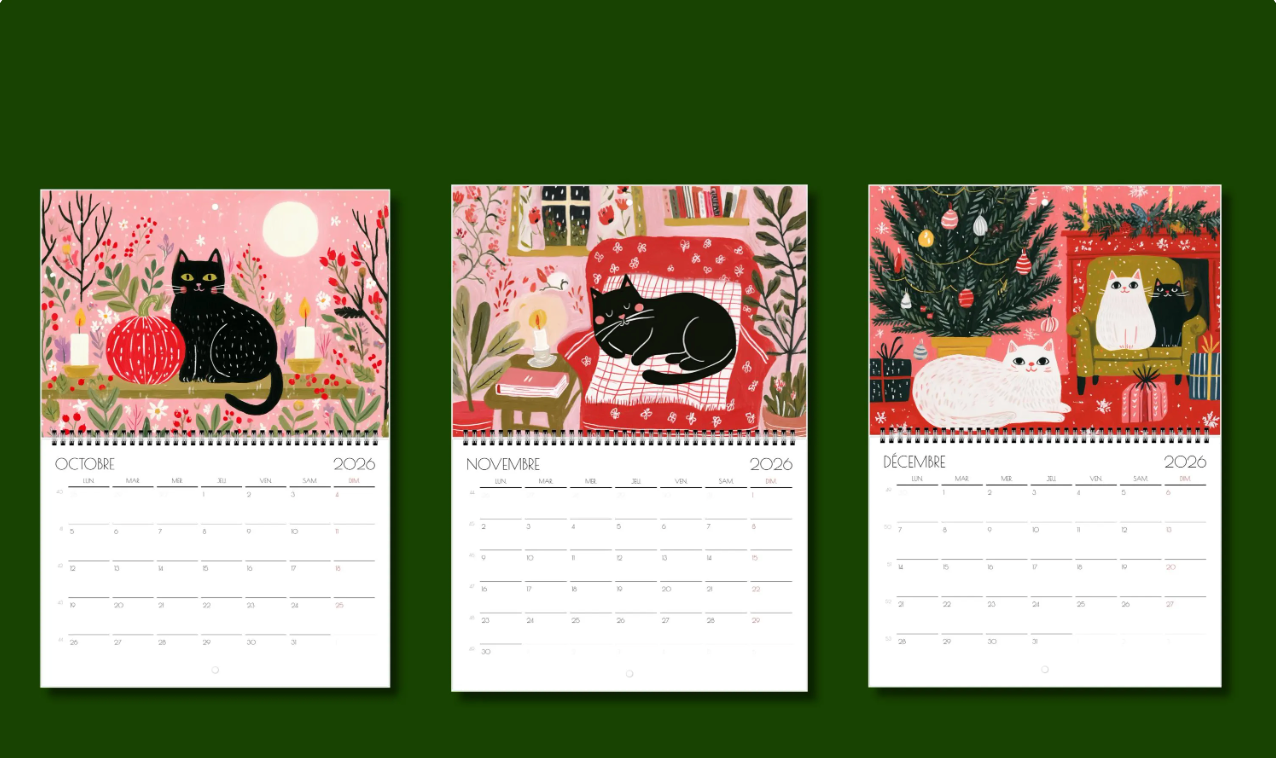 Calendrier 2026 - Calendrier amoureux des chats 2026 "Le manège des chats" - décoration murale  - style cottagecore idée cadeau