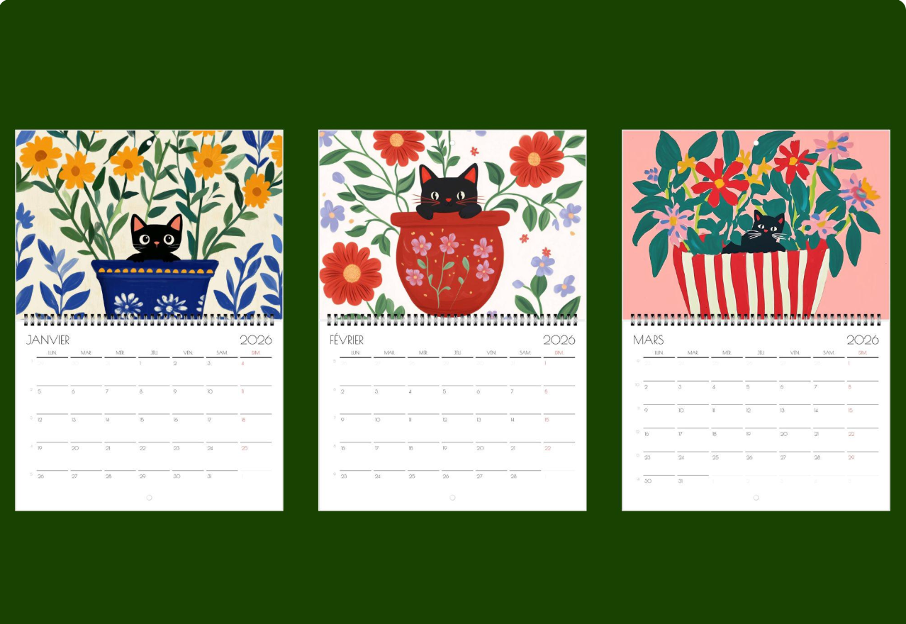 Calendrier chat 2026 "Les Chats en Fleur" - calendrier amoureux des chats noirs  - Design floral unique - calendrier chat - chat noir