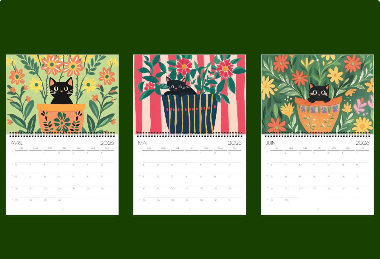 Calendrier chat 2026 "Les Chats en Fleur" - calendrier amoureux des chats noirs  - Design floral unique - calendrier chat - chat noir