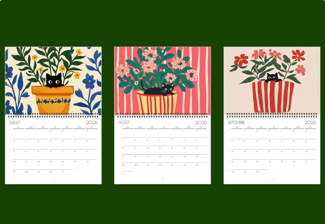 Calendrier chat 2026 "Les Chats en Fleur" - calendrier amoureux des chats noirs  - Design floral unique - calendrier chat - chat noir