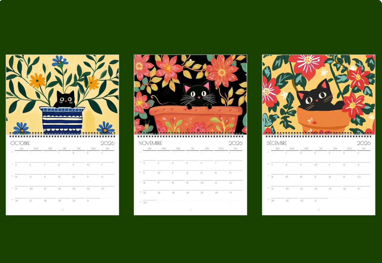 Calendrier chat 2026 "Les Chats en Fleur" - calendrier amoureux des chats noirs  - Design floral unique - calendrier chat - chat noir