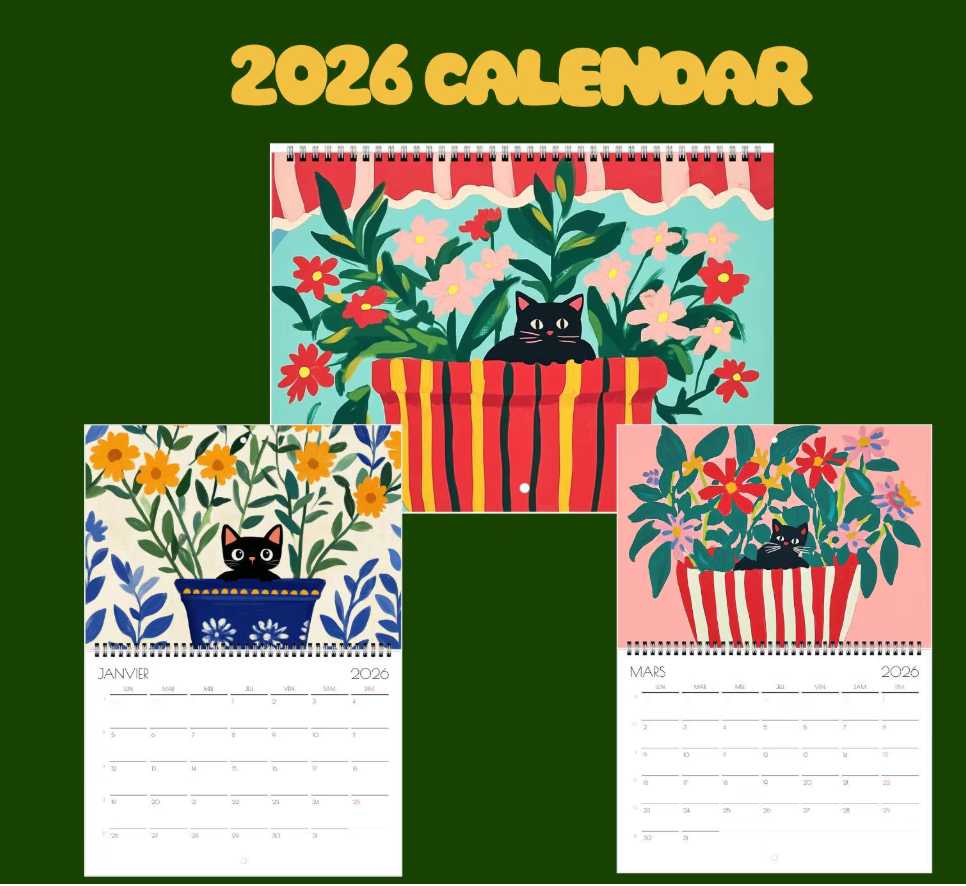 Calendrier chat 2026 "Les Chats en Fleur" - calendrier amoureux des chats noirs  - Design floral unique - calendrier chat - chat noir