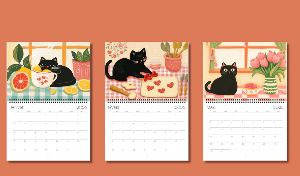 Calendrier chat 2026 "Le chat noir en cuisine" - calendrier amoureux des chats -décoration murale - style cottagecore - calendrier chat noir