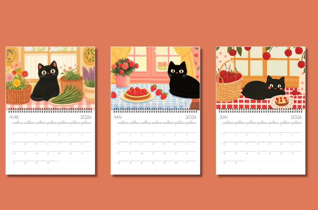 Calendrier chat 2026 "Le chat noir en cuisine" - calendrier amoureux des chats -décoration murale - style cottagecore - calendrier chat noir