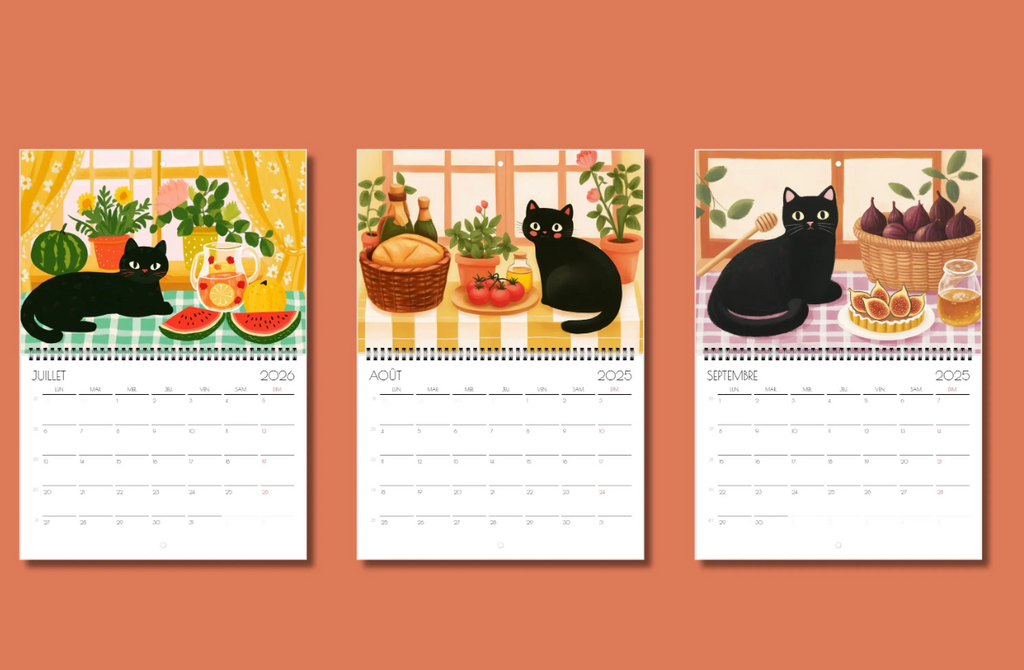 Calendrier chat 2026 "Le chat noir en cuisine" - calendrier amoureux des chats -décoration murale - style cottagecore - calendrier chat noir
