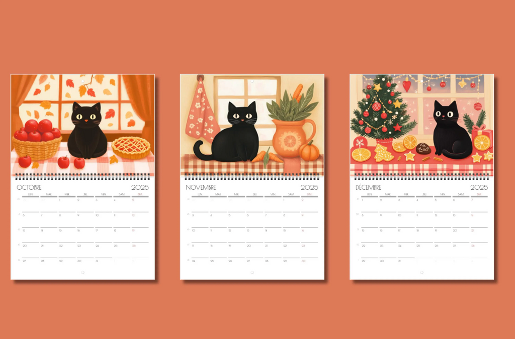 Calendrier chat 2026 "Le chat noir en cuisine" - calendrier amoureux des chats -décoration murale - style cottagecore - calendrier chat noir