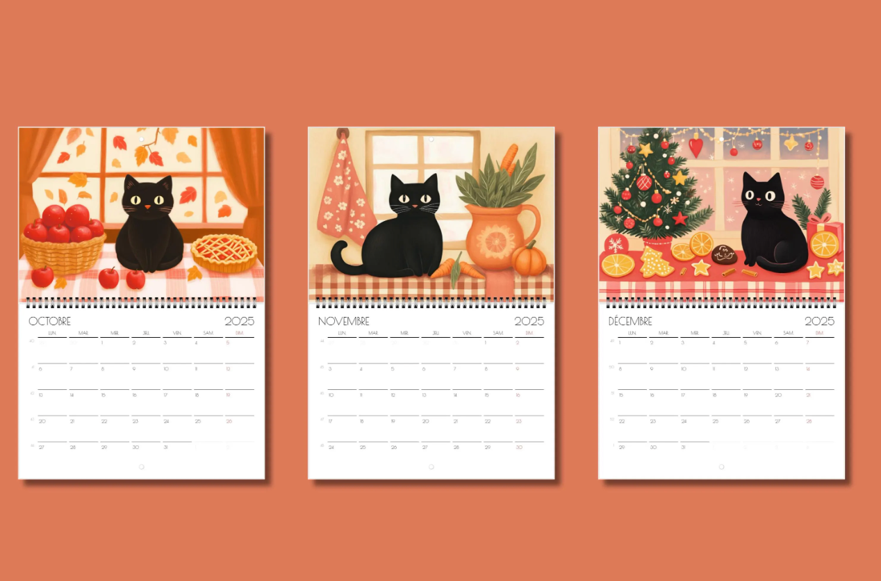 Calendrier chat 2026 "Le chat noir en cuisine" - calendrier amoureux des chats -décoration murale - style cottagecore - calendrier chat noir