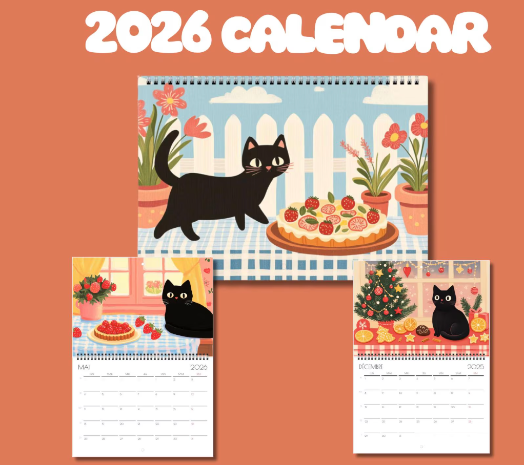 Calendrier chat 2026 "Le chat noir en cuisine" - calendrier amoureux des chats -décoration murale - style cottagecore - calendrier chat noir