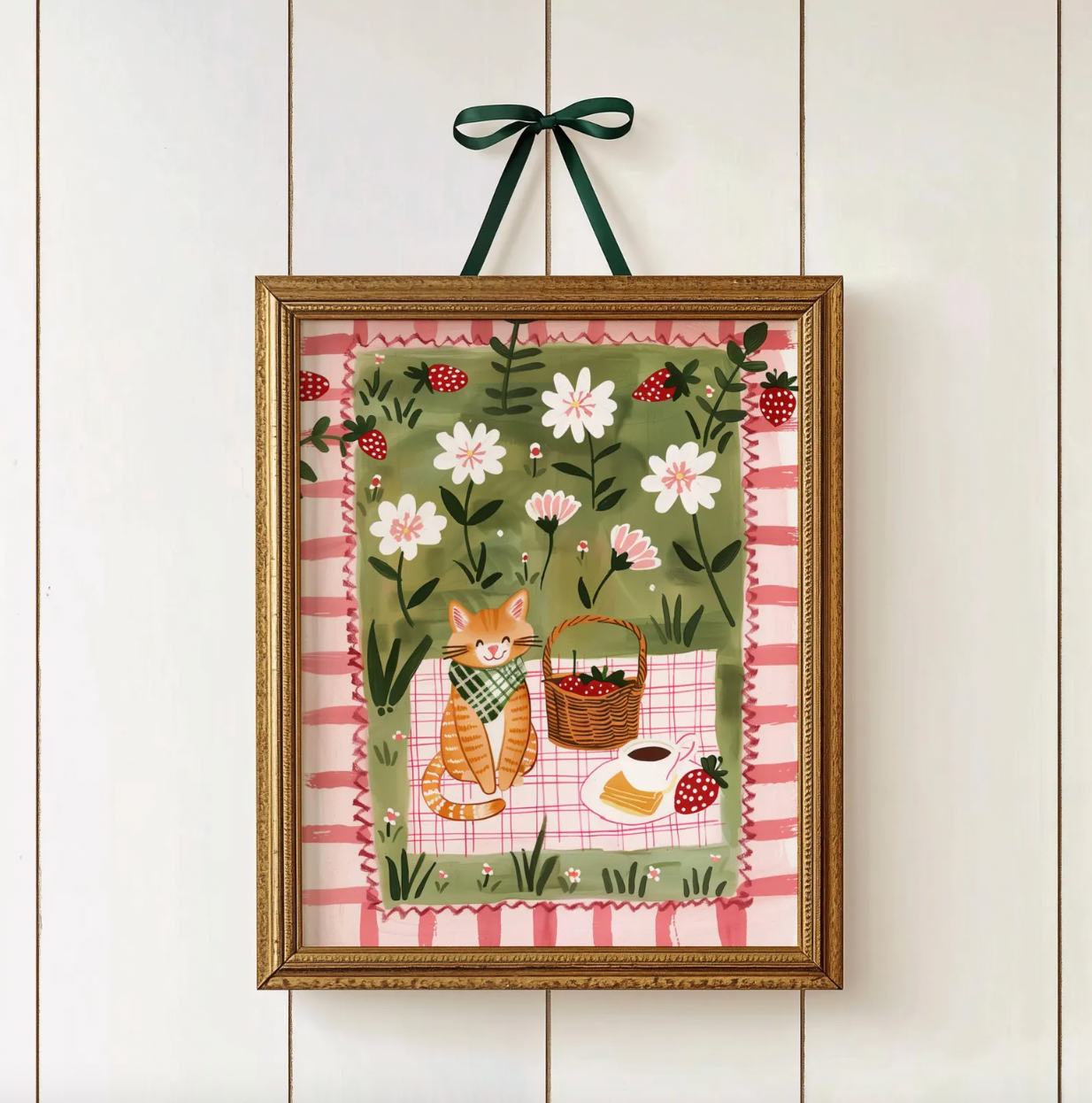 Affiche chat roux – Illustration pique-nique au jardin – déco murale cuisine ou chambre – art mural poétique printanier - Papier premium