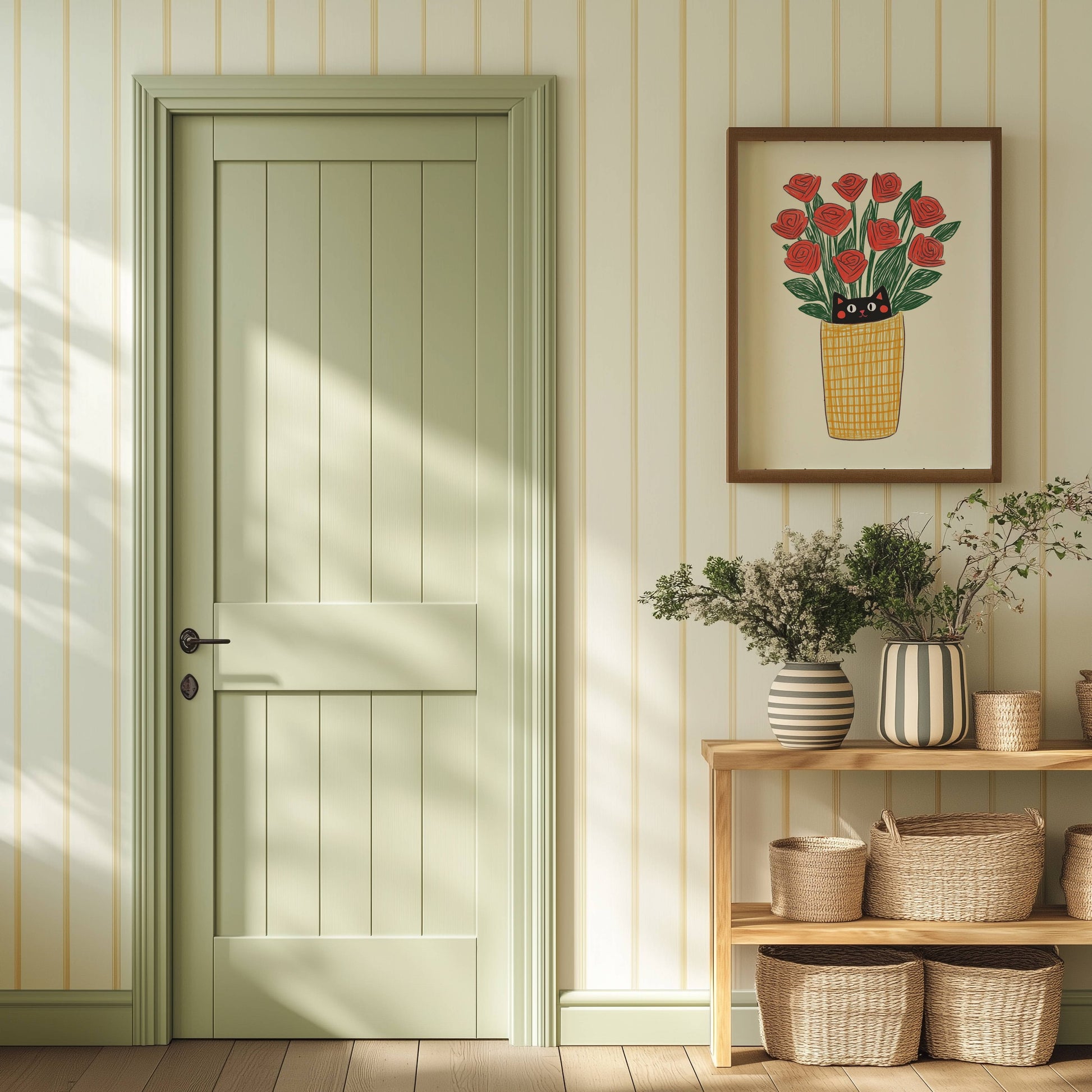 Illustration chat noir roses rouges | affiche art mural naïf | cadeau amoureux des chats | déco cottagecore fleurs