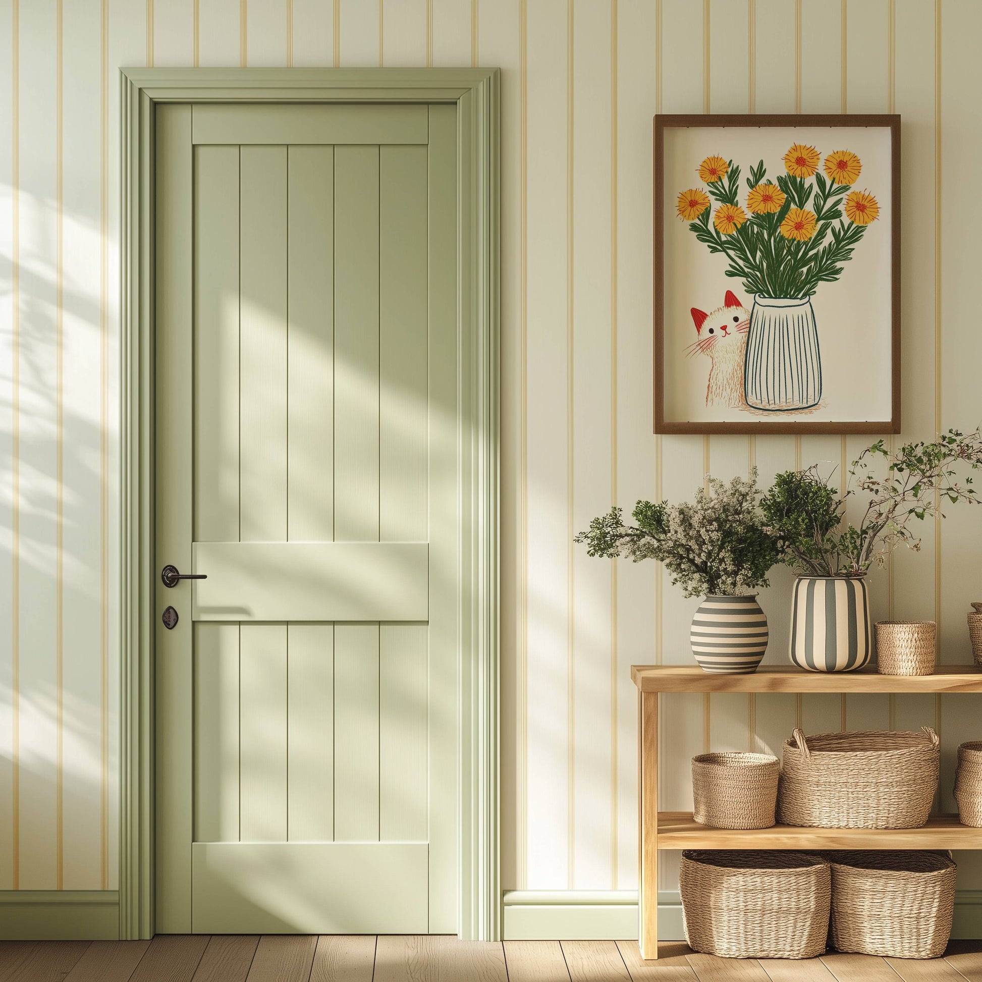 Illustration chat blanc fleurs jaunes | poster art floral printanier | cadeau amoureux des chats | déco murale cottagecore