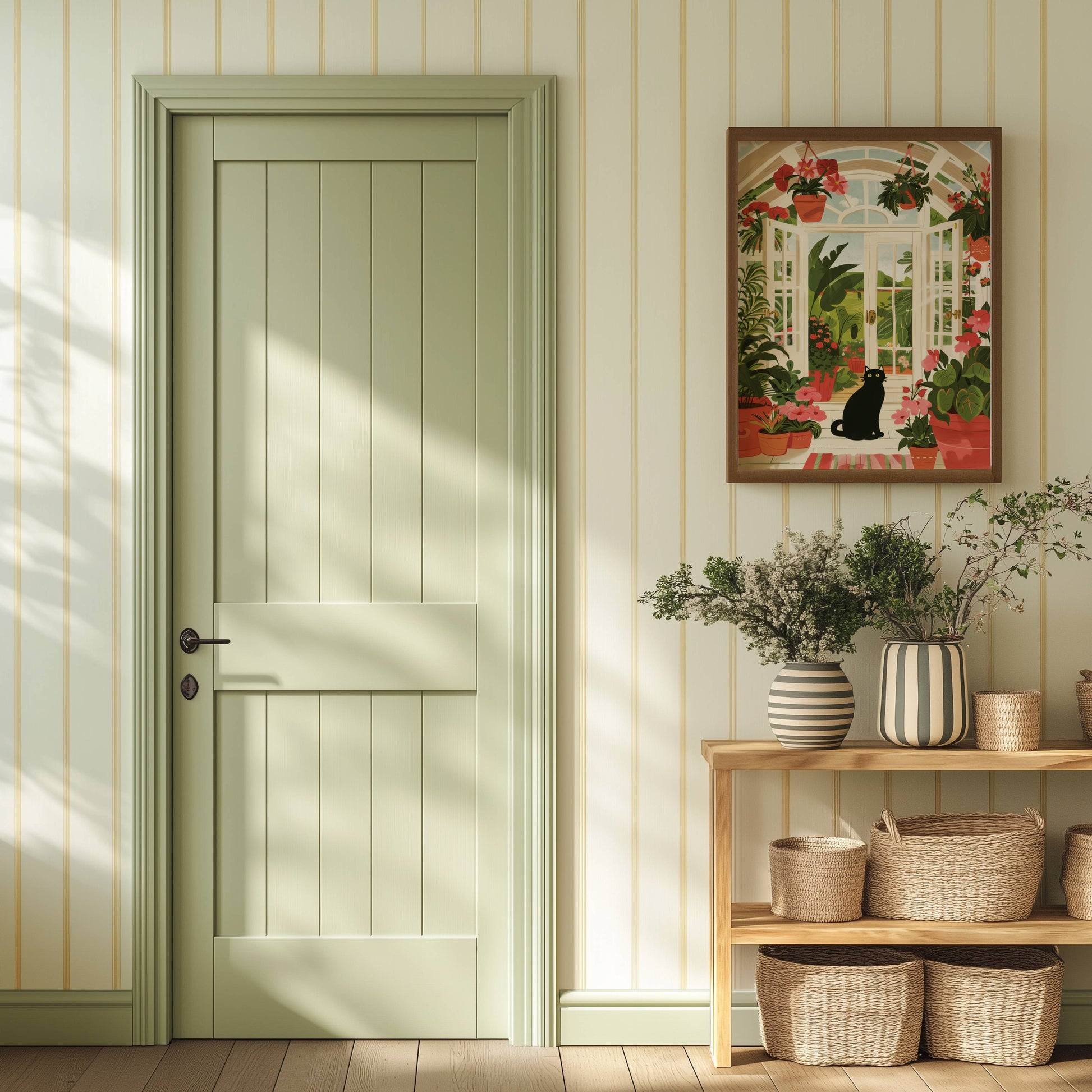 Illustration chat noir véranda | affiche jardin d'hiver plantes | cadeau amoureux des chats | déco lumineuse verrière